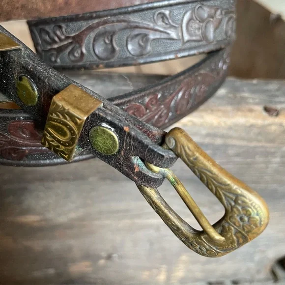 For Crafting - Hand Tooled Saddle Belt Leather Gold Tone Buckle Vintage - Picture 2 of 8